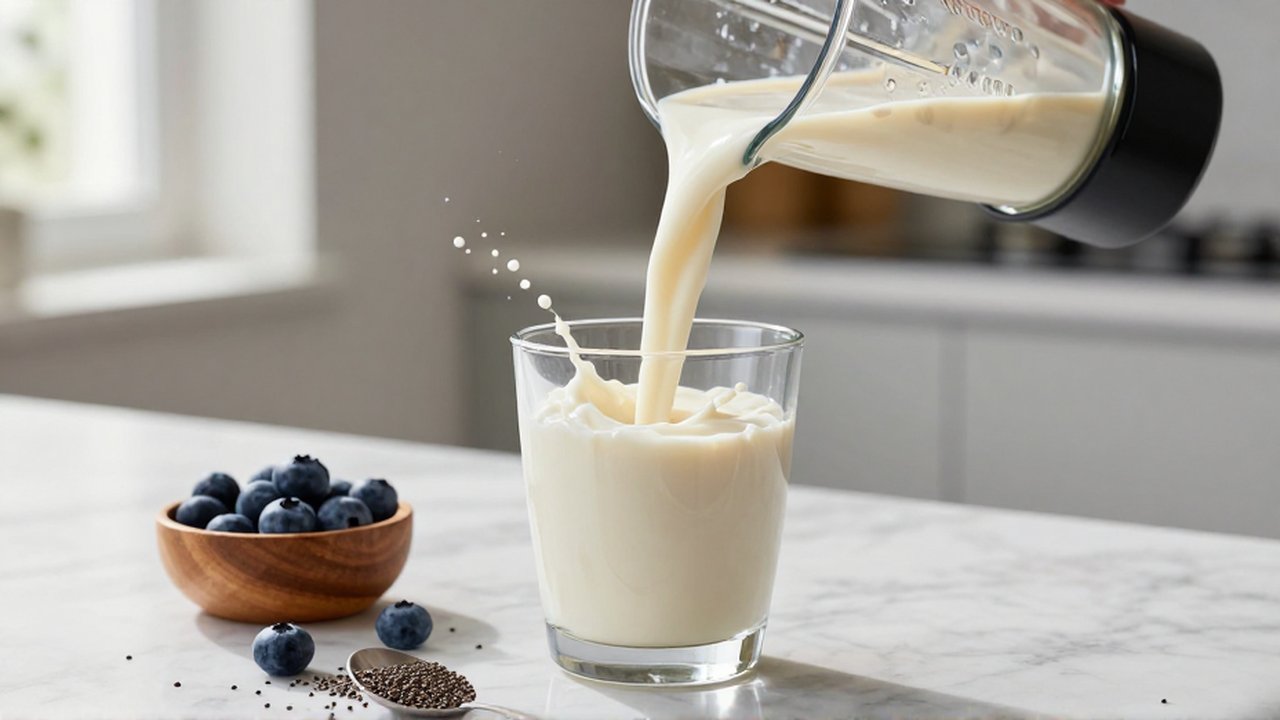 Batido de proteína cremoso vertiéndose en un vaso sobre una encimera de mármol con arándanos.