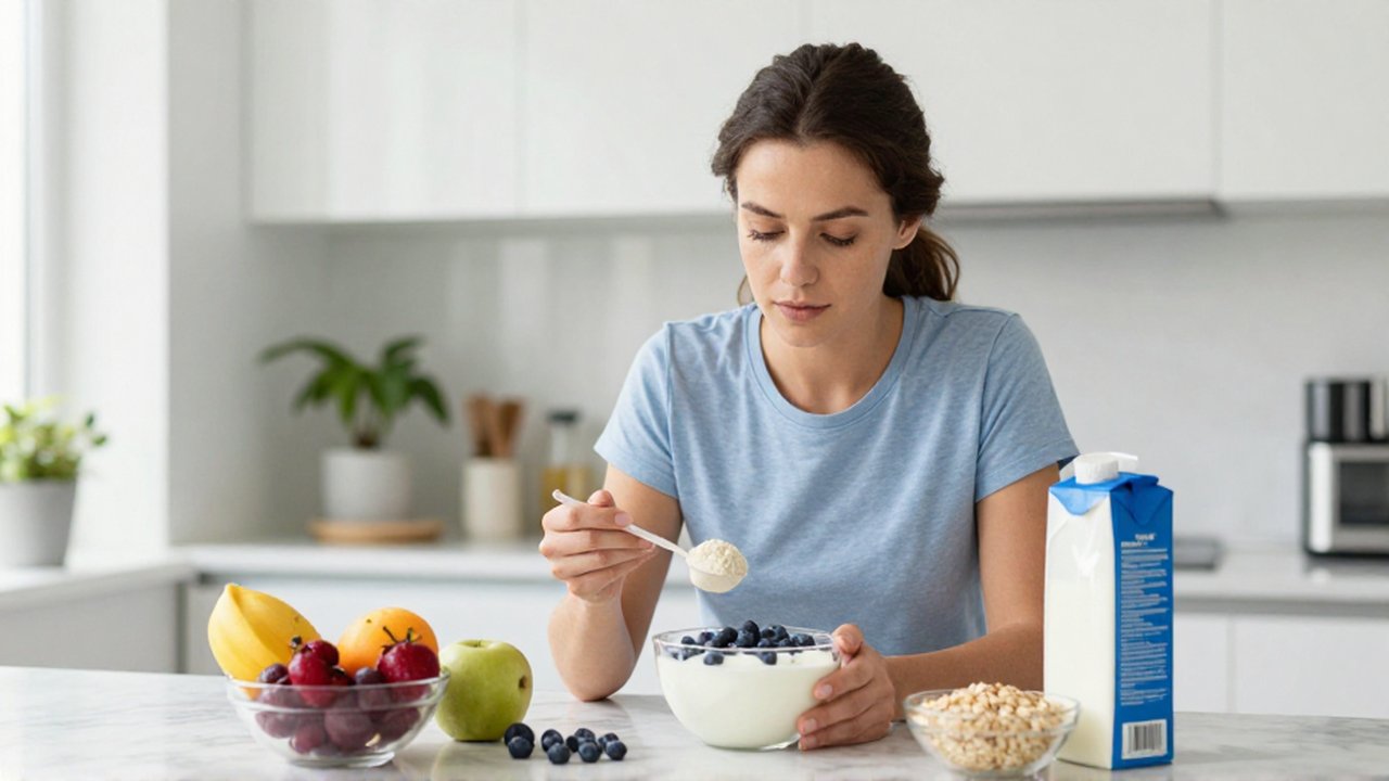 Una mujer joven analiza ingredientes saludables sobre una encimera de mármol en una cocina iluminada.