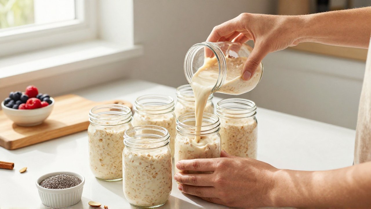 Manos vertiendo avena cremosa en frascos de vidrio para preparar porciones de comida en una cocina luminosa.