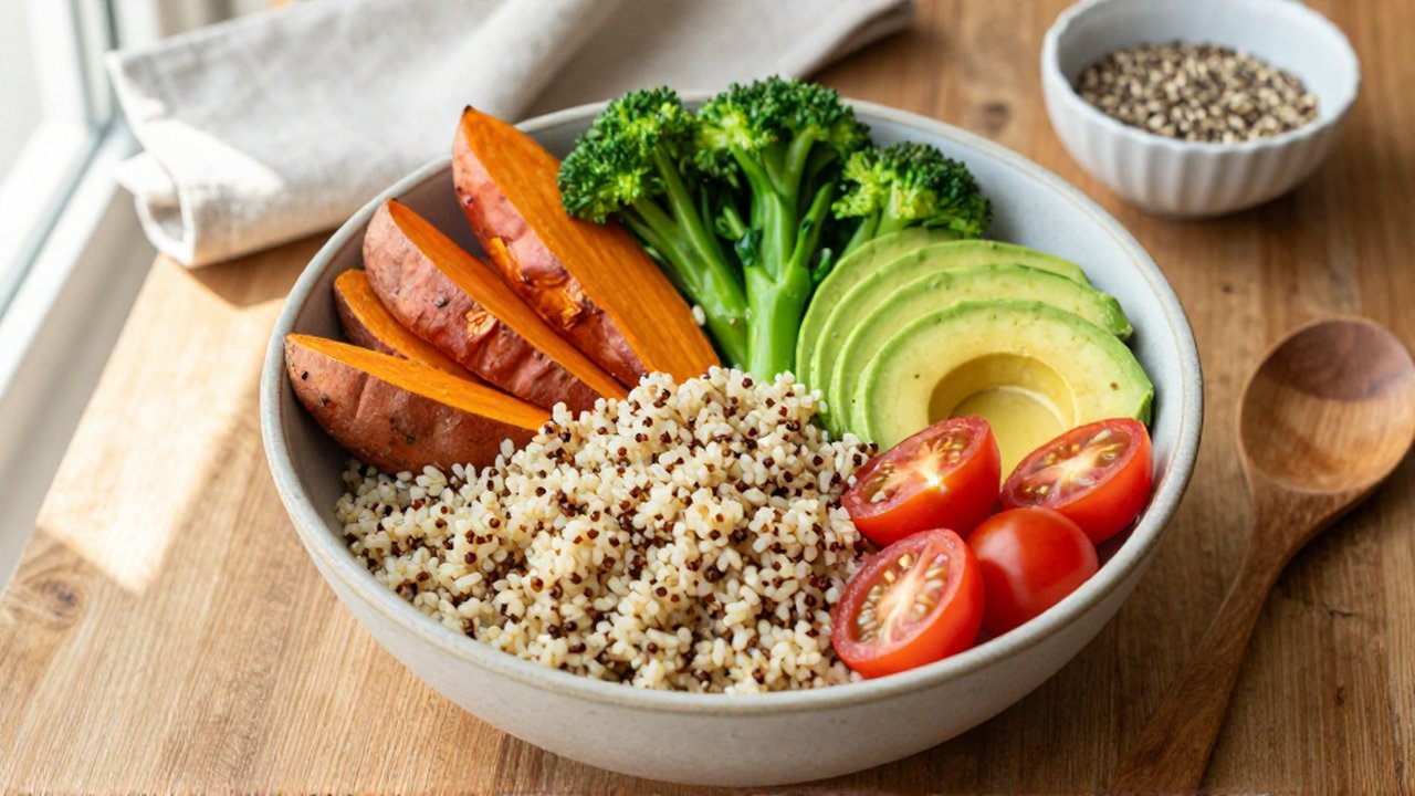 Cuenco de quinoa con camote, brócoli, aguacate y tomates sobre una mesa de madera rústica.