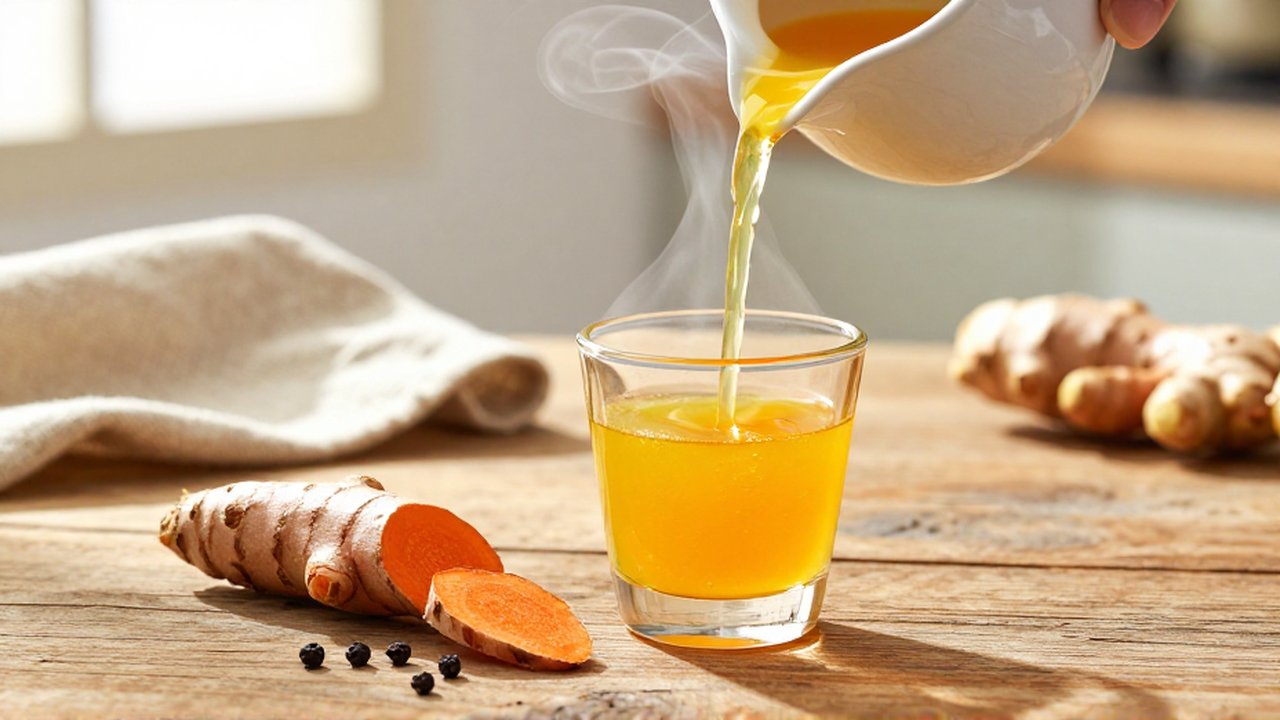 Elixir dorado de cúrcuma siendo servido en un vaso sobre una mesa de madera con especias.