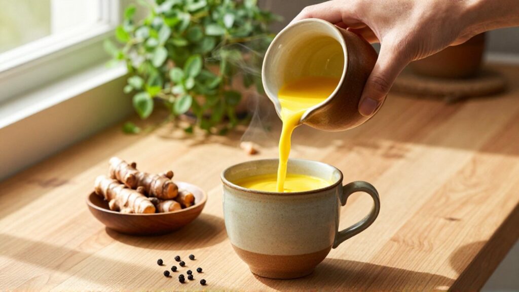 Manos vertiendo una bebida dorada de cúrcuma en una taza sobre una mesa de madera.