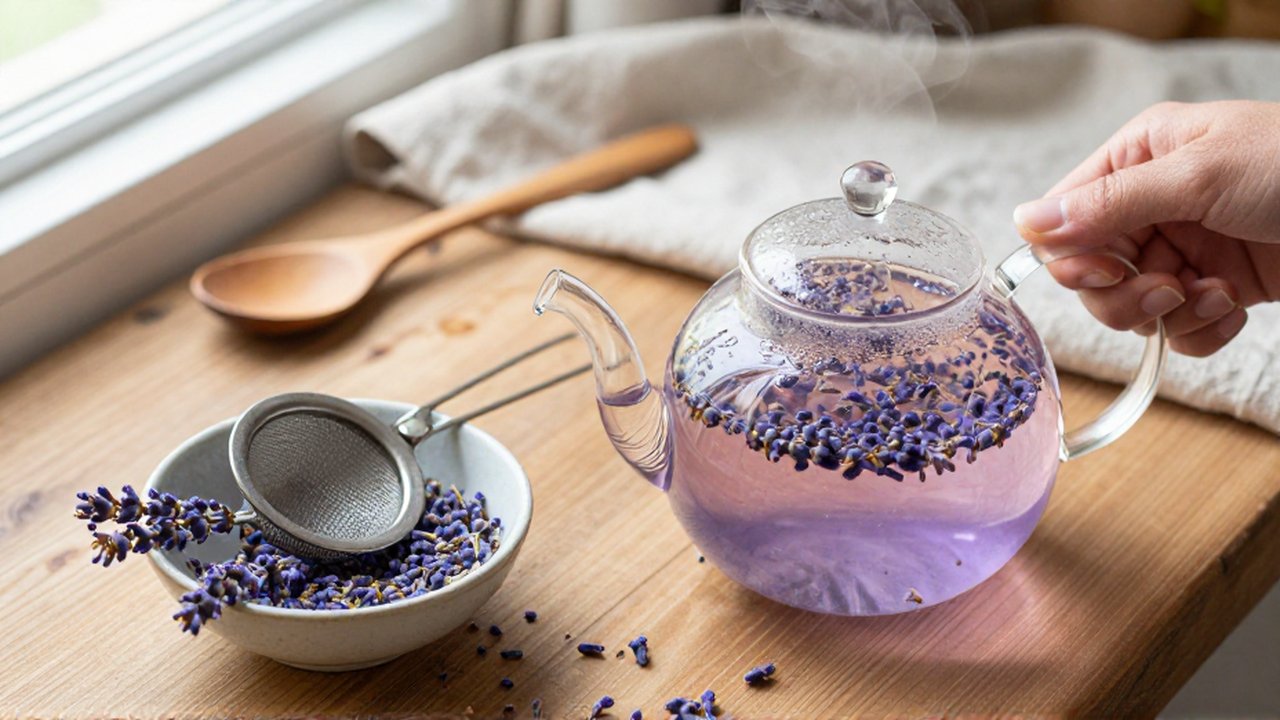 Tetera de cristal con lavanda y flores frescas sobre una mesa de madera rústica.