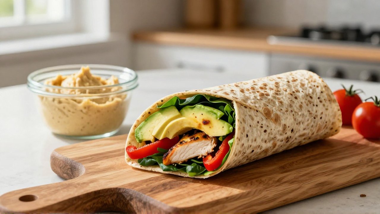 Un wrap integral cortado a la mitad muestra relleno de pollo, aguacate y vegetales coloridos.