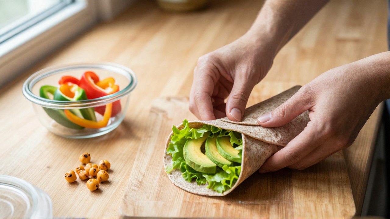 Manos preparando un wrap de trigo integral con lechuga y aguacate sobre una mesa de madera.