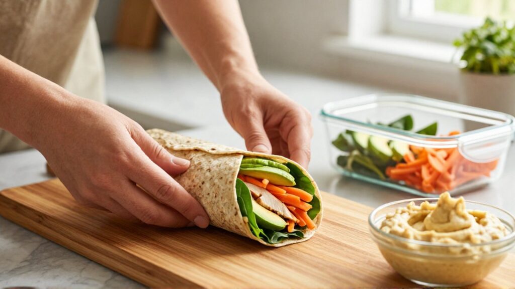 Manos enrollando un wrap de pollo