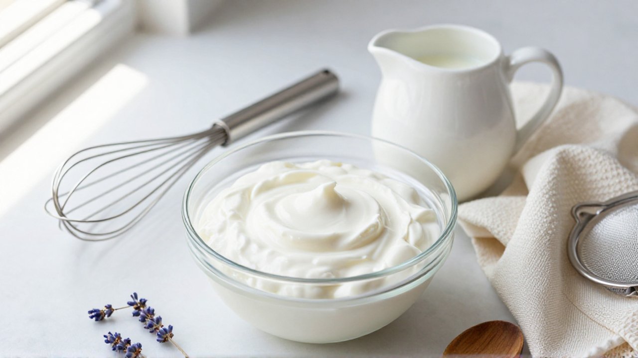 Yogur griego cremoso en un bol de vidrio con leche, un batidor y tela de muselina sobre mármol.