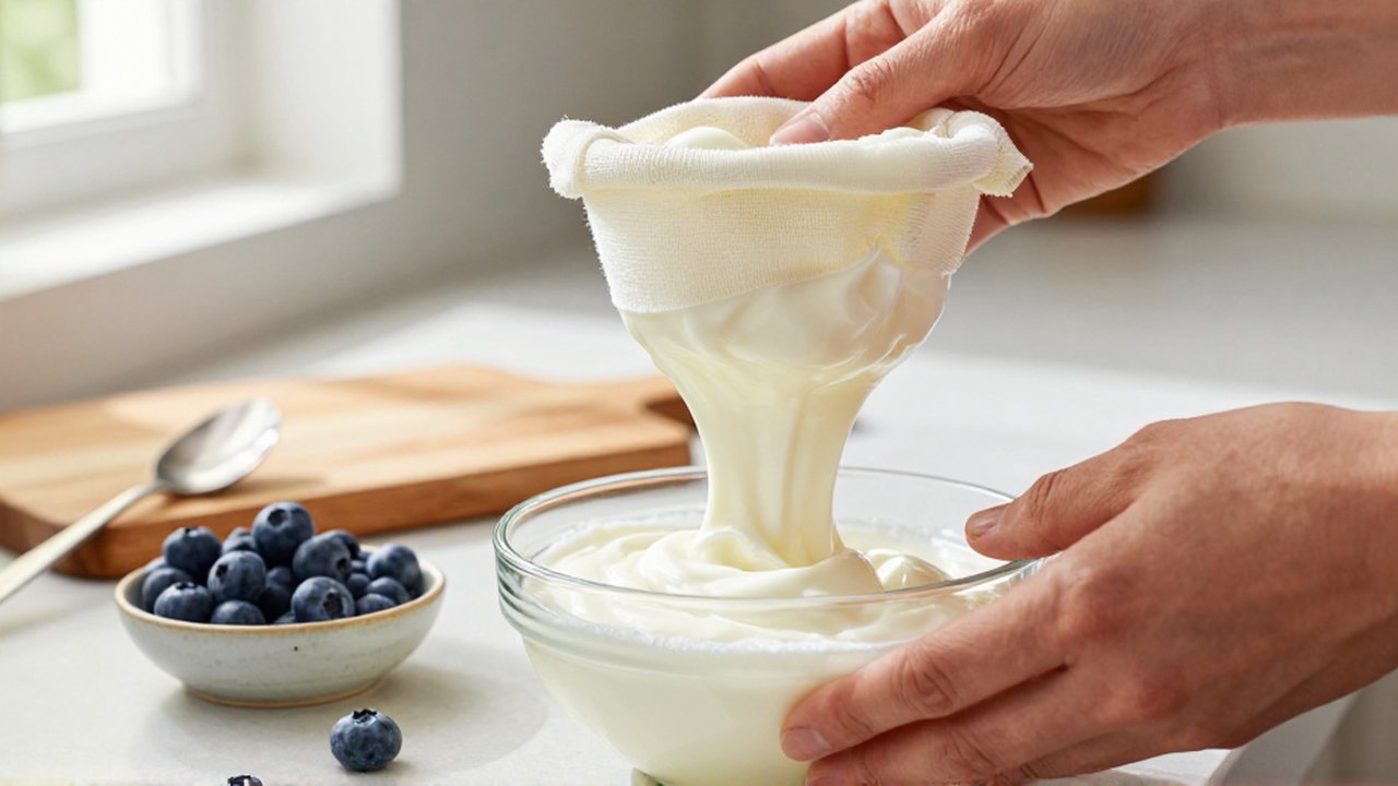Manos colando yogur griego espeso a través de un paño de muselina en una cocina luminosa.