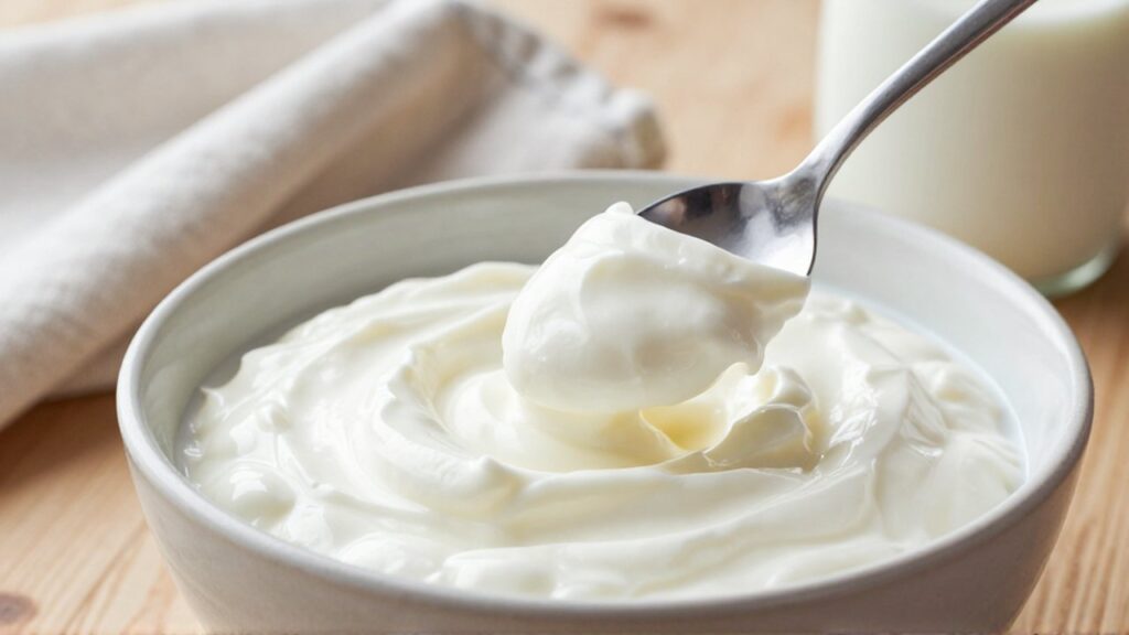 Una cuchara de plata levanta un remolino espeso de yogur griego cremoso en un cuenco sobre madera.