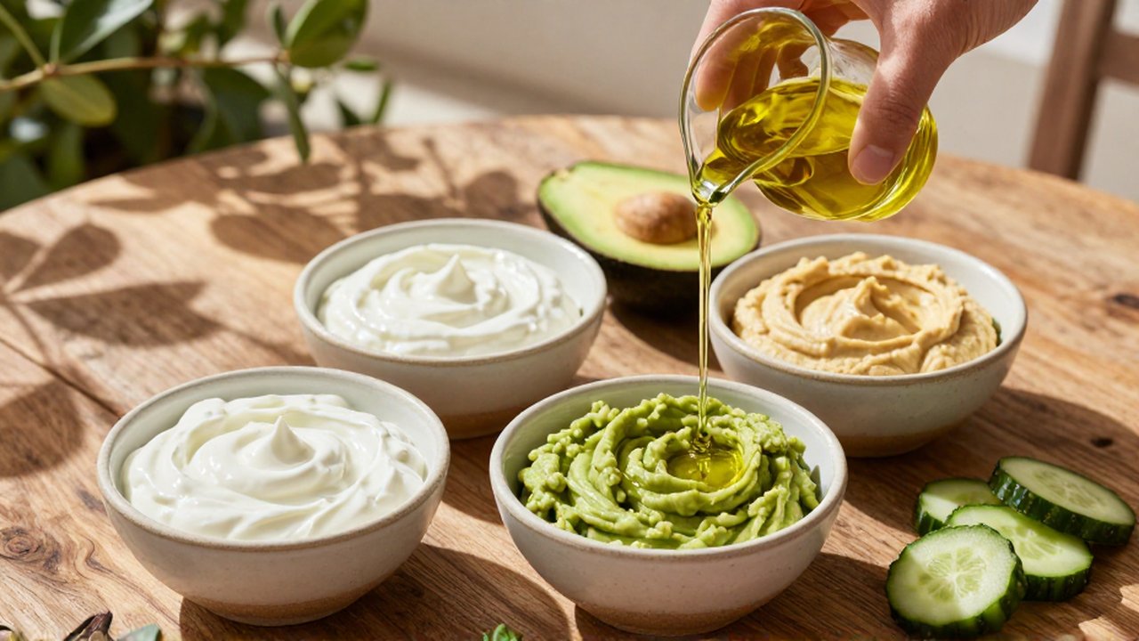 Aceite de oliva siendo vertido sobre cuencos de crema, hummus y aguacate en una mesa rústica.