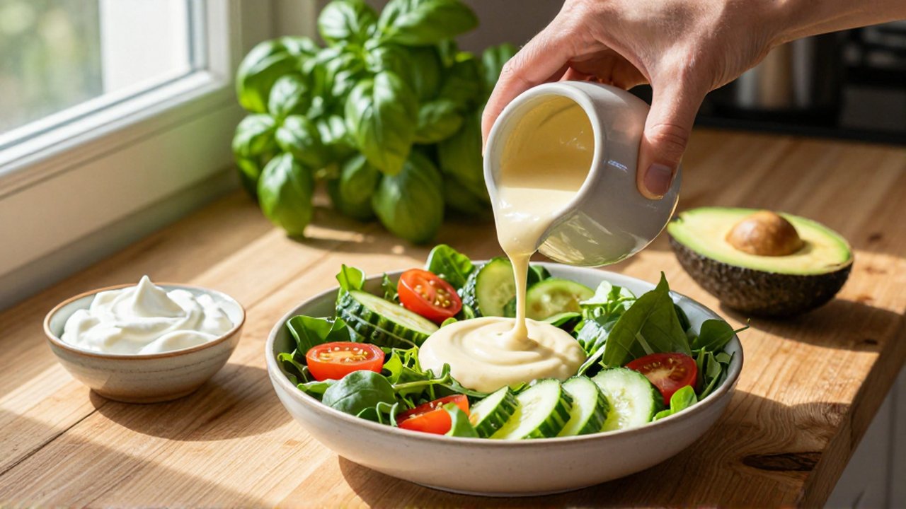Manos de un chef vertiendo aderezo de tahini sobre una ensalada fresca en una cocina luminosa.