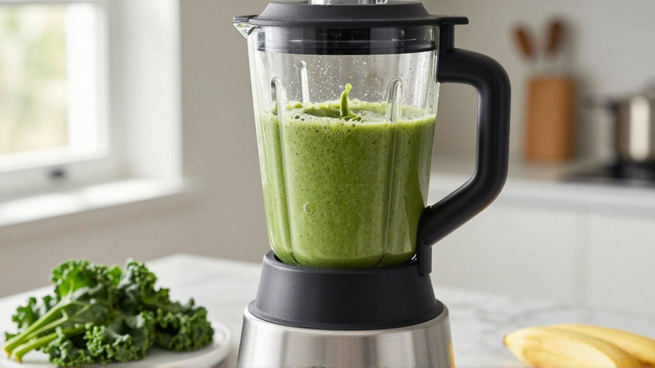 Batidora profesional mezclando un batido verde cremoso en una cocina moderna y luminosa.