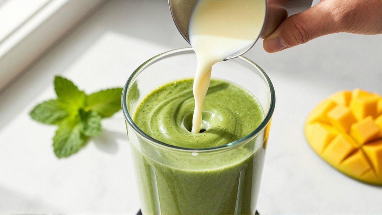 Manos vertiendo leche de almendras en un vaso de licuadora con un batido cremoso de espinaca y mango.