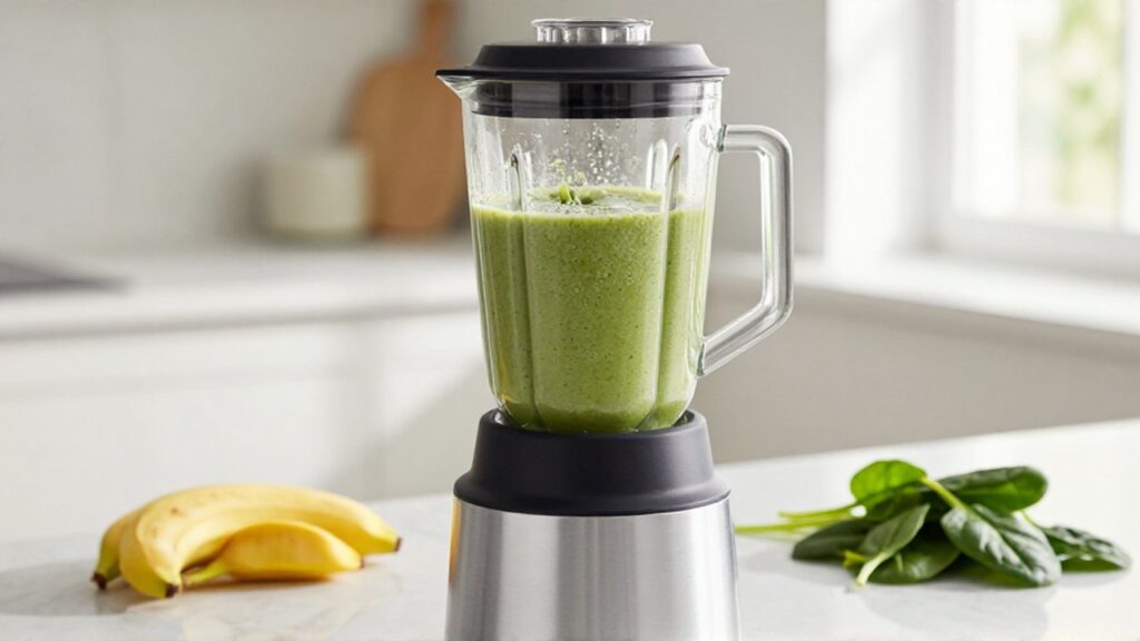 Smoothie verde cremoso girando en una licuadora moderna sobre una encimera de mármol blanco.