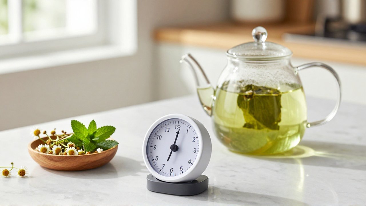 Un temporizador moderno junto a una tetera de cristal con infusión de hierbas sobre mármol.