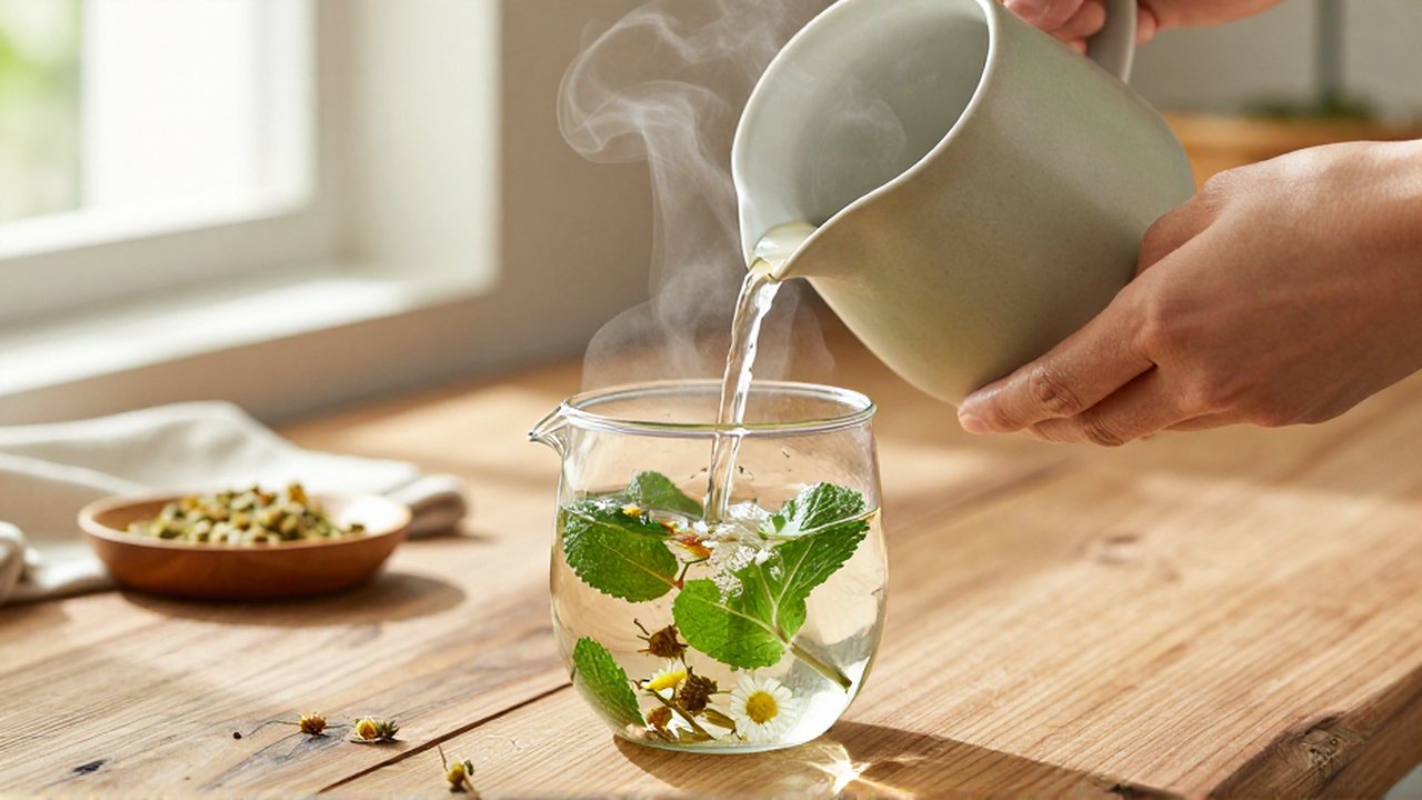 Manos vertiendo agua caliente en una tetera de cristal con hojas de menta y manzanilla.