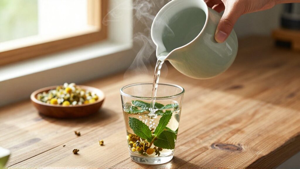 Manos vertiendo agua caliente sobre hojas de menta y manzanilla en un infusor de vidrio sobre madera.