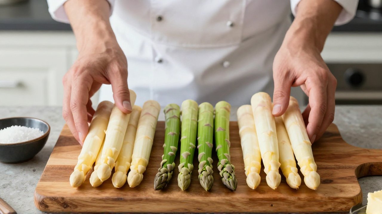 Manos de chef organizando espárragos blancos y verdes sobre una tabla de madera en una cocina.