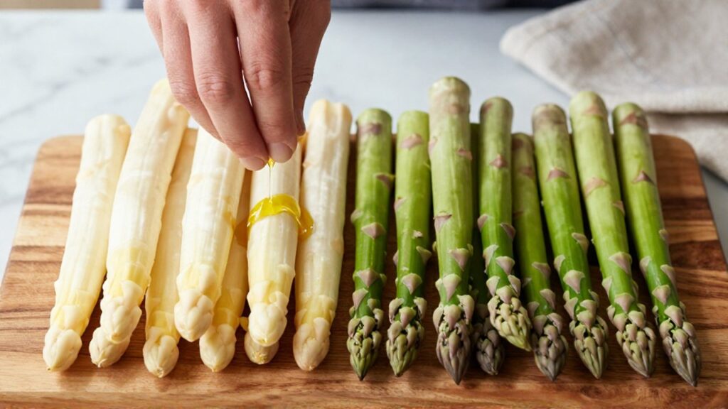 Espárragos blancos y verdes sobre una tabla de madera