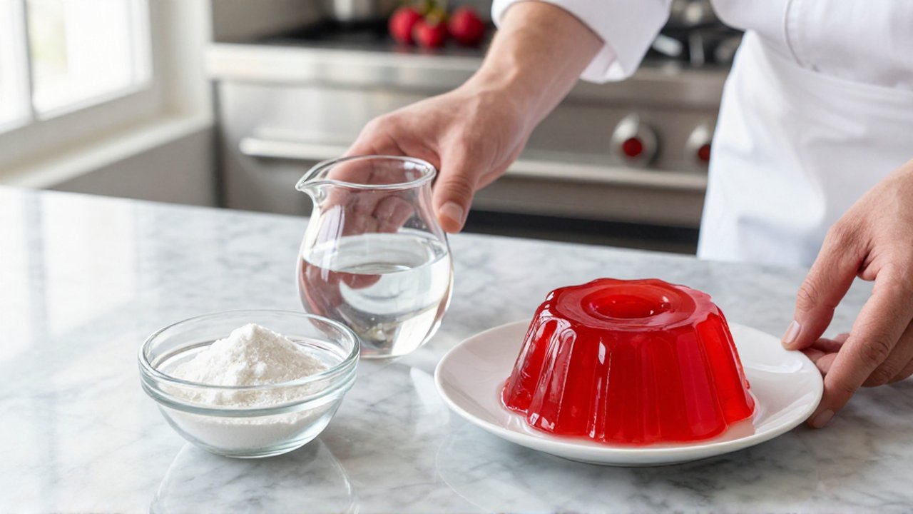 Manos de chef comparan gelatina en polvo neutra frente a una gelatina de fresa brillante.