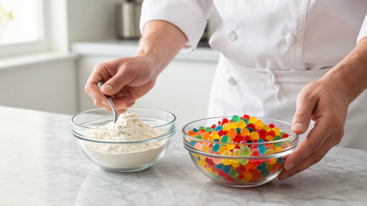 Un chef compara gelatinas de diferentes colores y texturas sobre un mostrador de mármol.