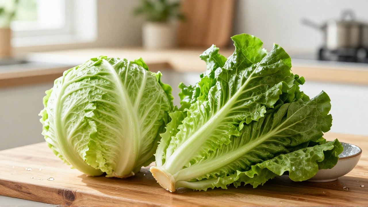 Lechuga iceberg y romana frescas con gotas de agua sobre un mostrador de madera.