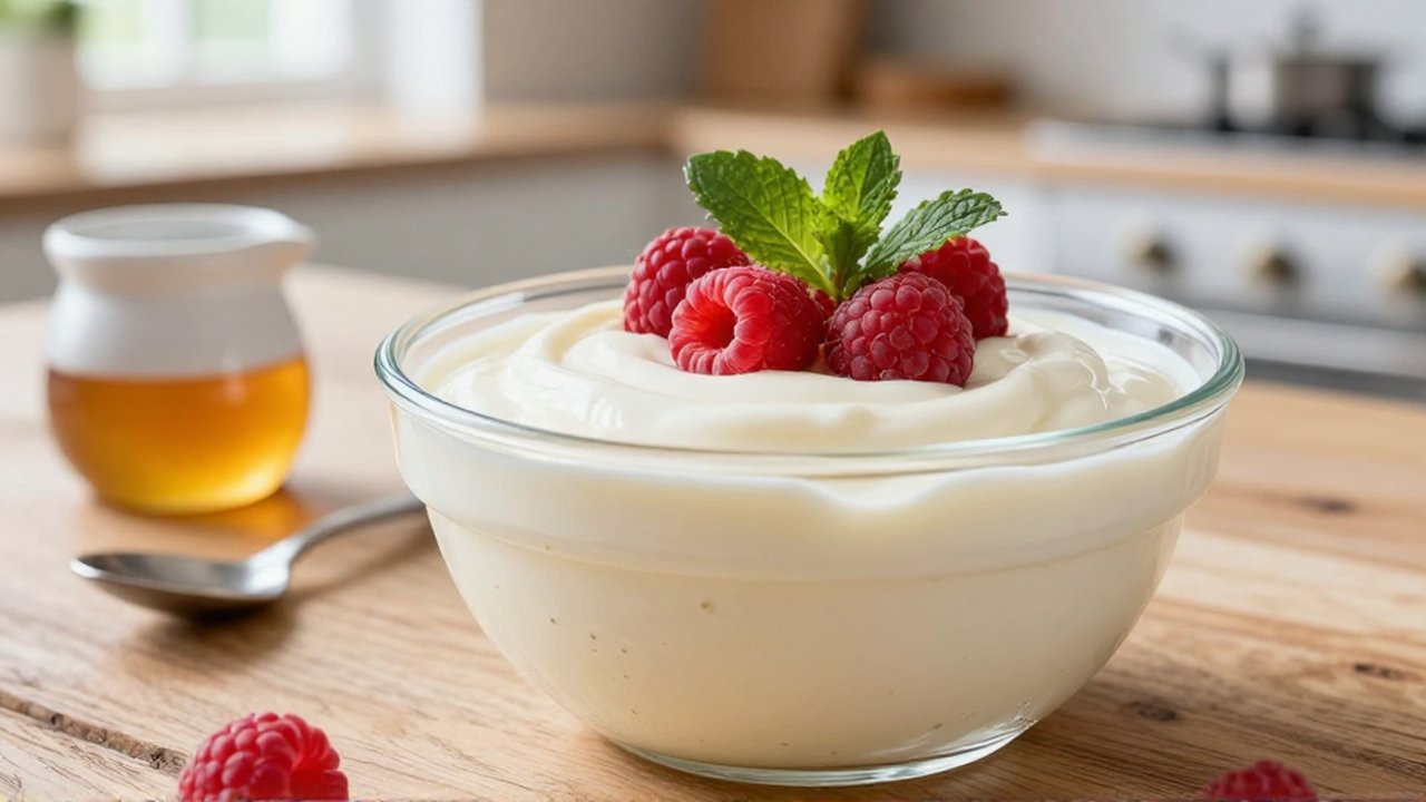 Mousse de yogur ligero con frambuesas y menta en un bol sobre una mesa rústica.