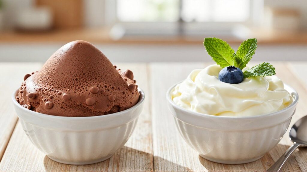 Dos recipientes con mousse de chocolate y de yogur con fruta sobre una mesa de madera.
