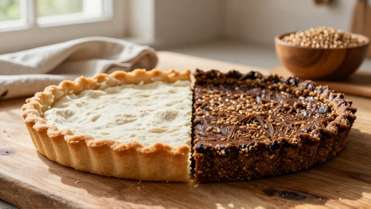 Comparación detallada entre una base de tarta de harina blanca y otra de grano entero sobre madera.