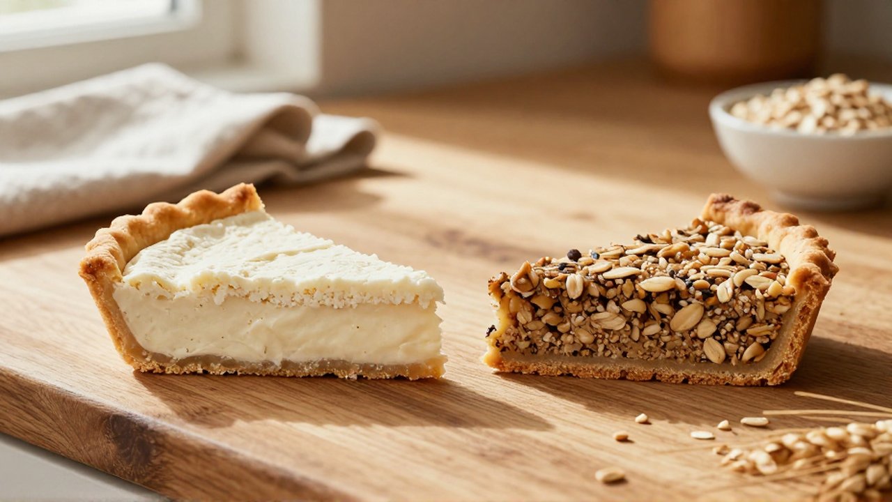 Comparación detallada de dos tartas rebanadas con texturas contrastantes de masa blanca y de grano entero.
