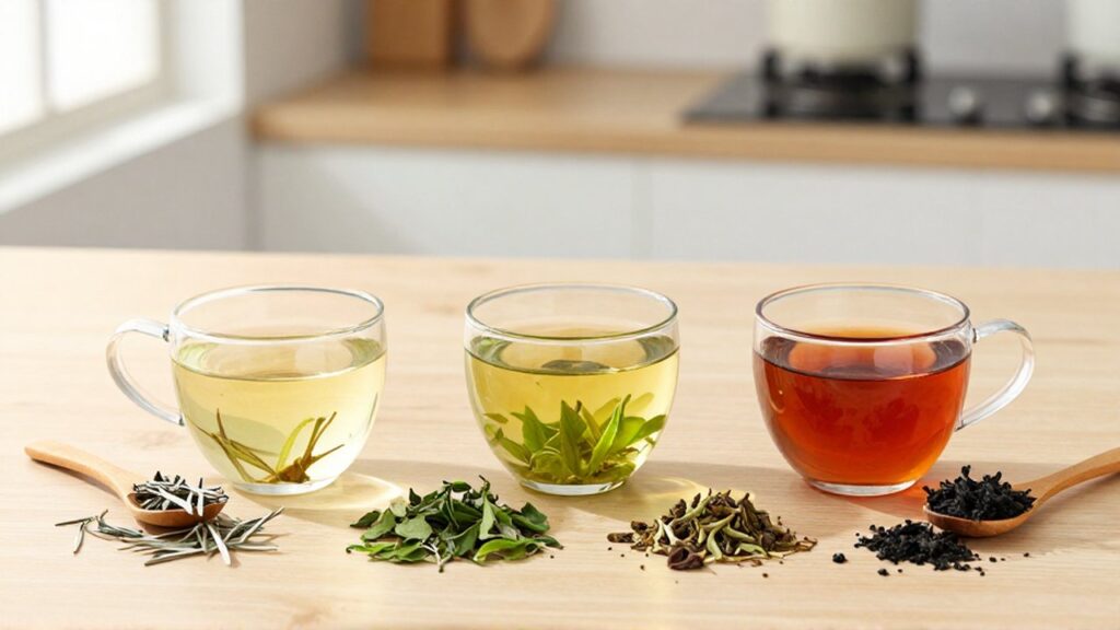 Tres tazas de cristal con infusiones de distintos colores y hojas de té sobre una encimera de madera.