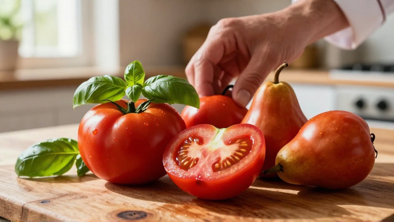 Tomates rojos redondos y alargados sobre una encimera de madera junto a una rama de albahaca.