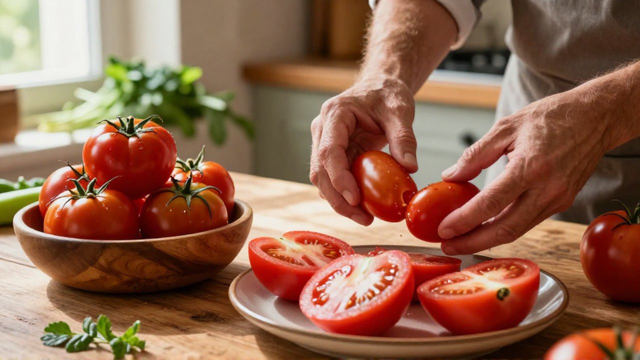 Manos de chef clasificando tomates Roma alargados y tomates redondos sobre una encimera de madera.