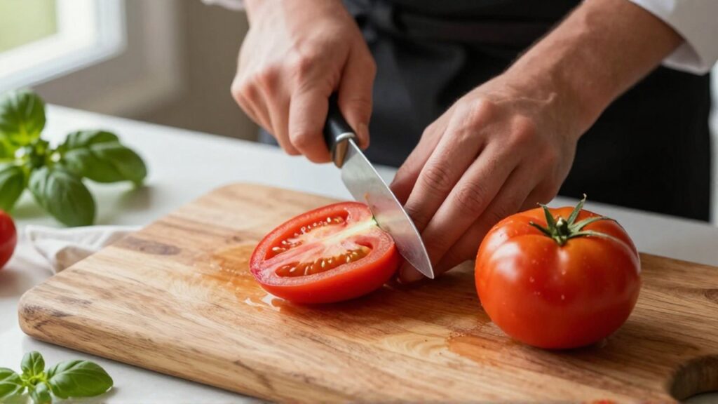 Manos de chef cortando un tomate riñón sobre una tabla de madera junto a un tomate redondo.