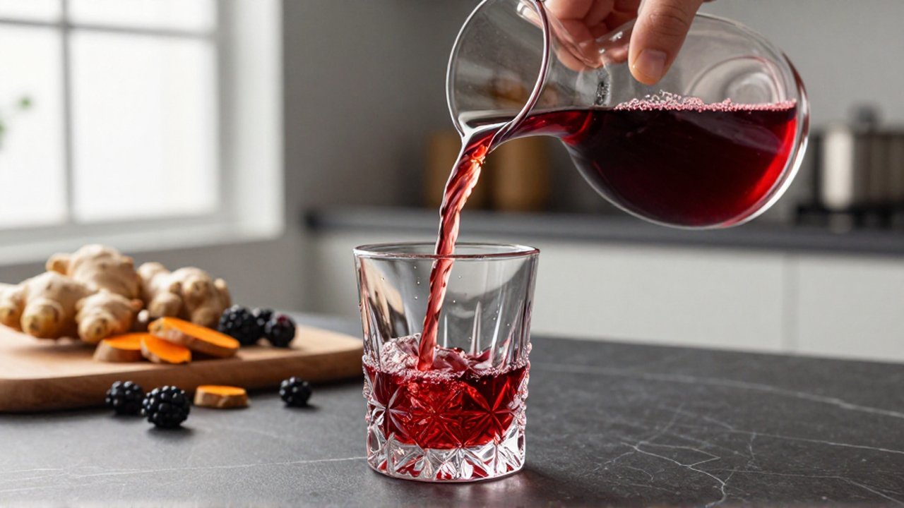 Un chef vierte un elixir rojo intenso en un vaso de cristal sobre una encimera de mármol.