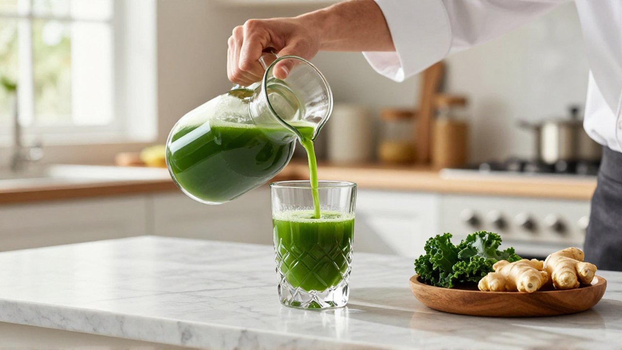 Un chef vierte un elixir verde desde una jarra de cristal en una cocina iluminada.