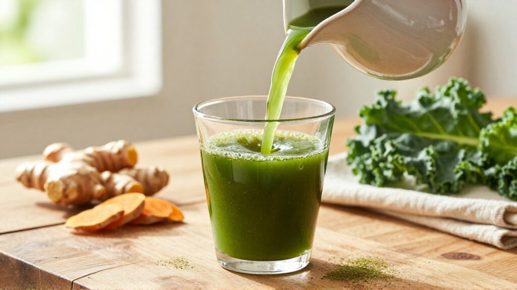Un elixir verde vibrante se sirve en un vaso sobre una mesa de madera con ingredientes naturales.