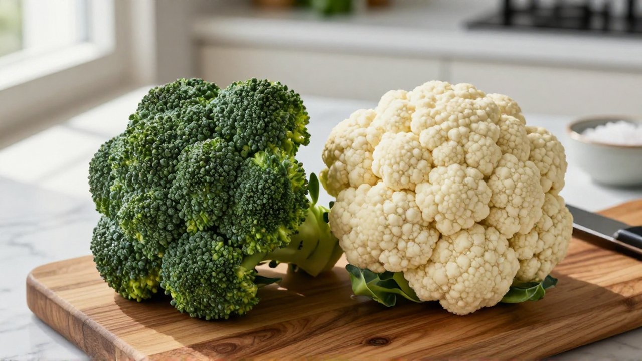 Brócoli verde y coliflor blanca colocados sobre una tabla de madera en una cocina luminosa.