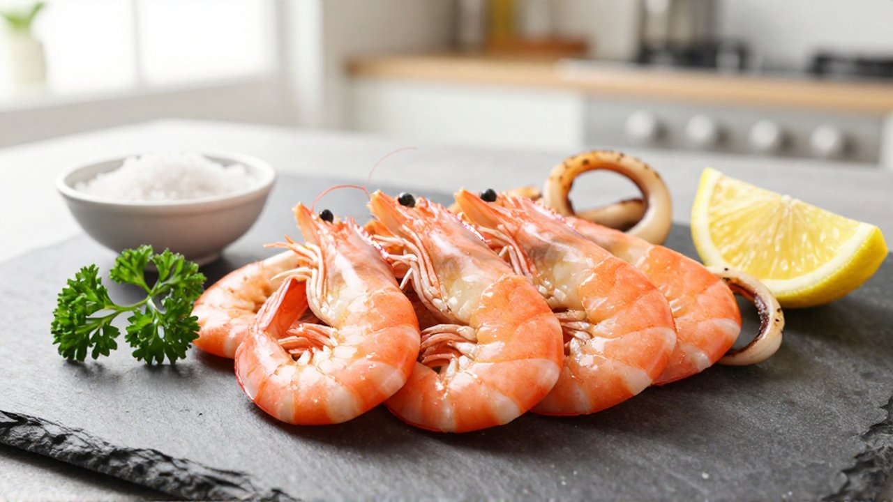 Platter de camarones rosados con calamares a la parrilla y limón sobre una mesa de pizarra.