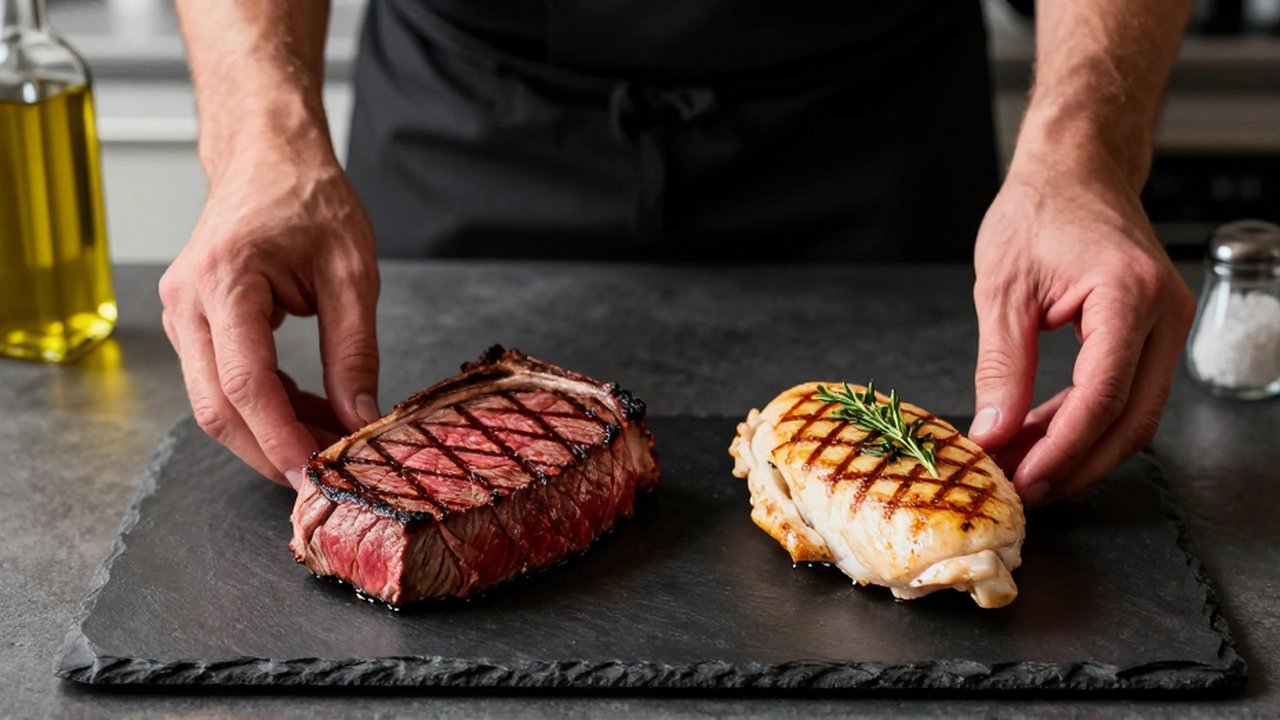 Un chef coloca un bistec de res término medio junto a una pechuga de pollo a la parrilla sobre una pizarra oscura.