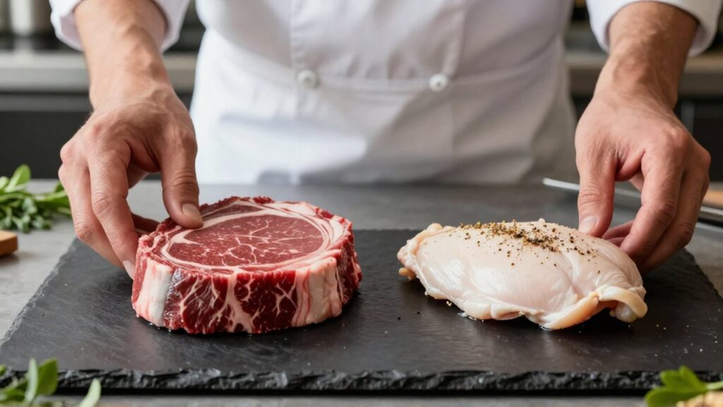 Manos de un chef colocan un filete de res y una pechuga de pollo sobre una encimera oscura.