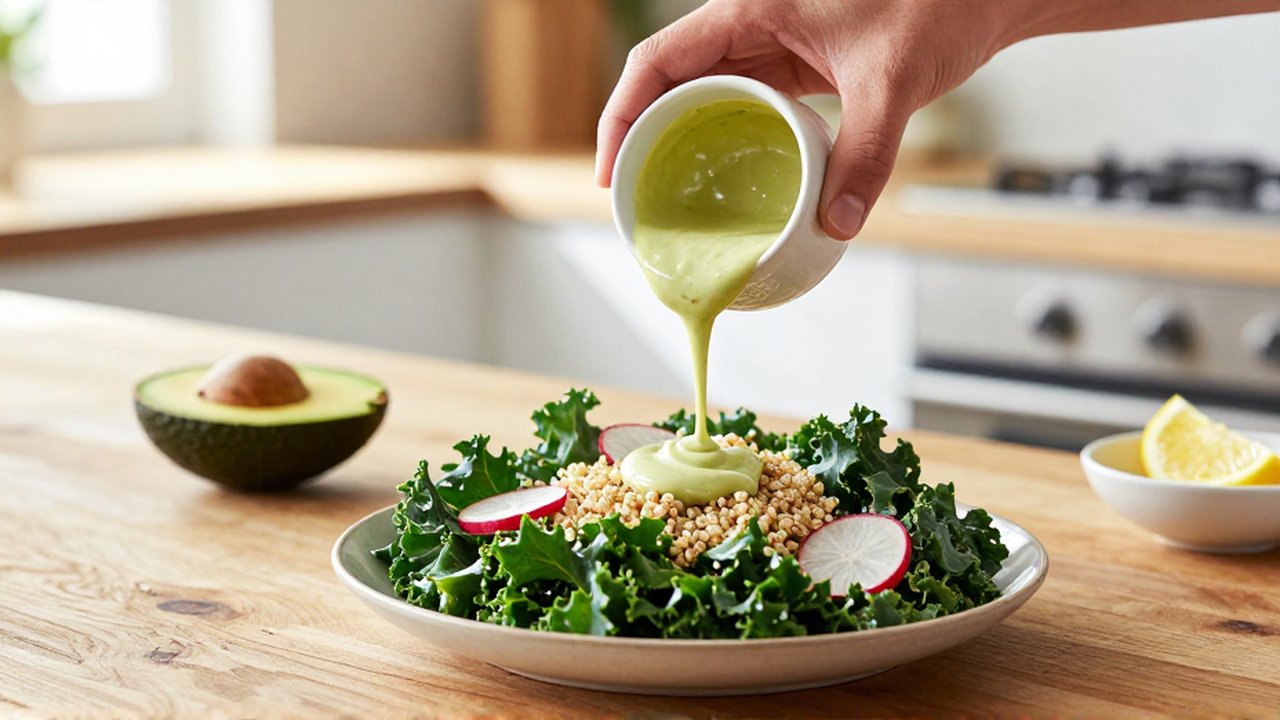 Un chef vierte un aderezo cremoso de aguacate sobre una ensalada de kale, rábano y quinoa.