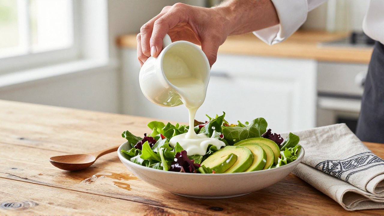 Un chef vierte un aderezo cremoso sobre una ensalada de verdes y aguacate en una cocina.