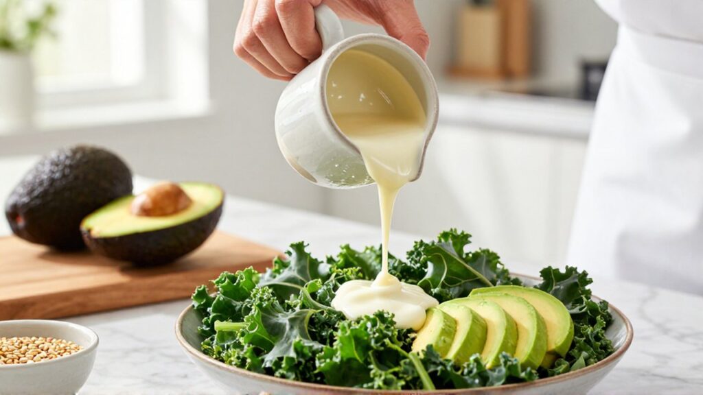 Un chef vierte un aderezo cremoso de anacardos sobre una ensalada de kale y aguacate.