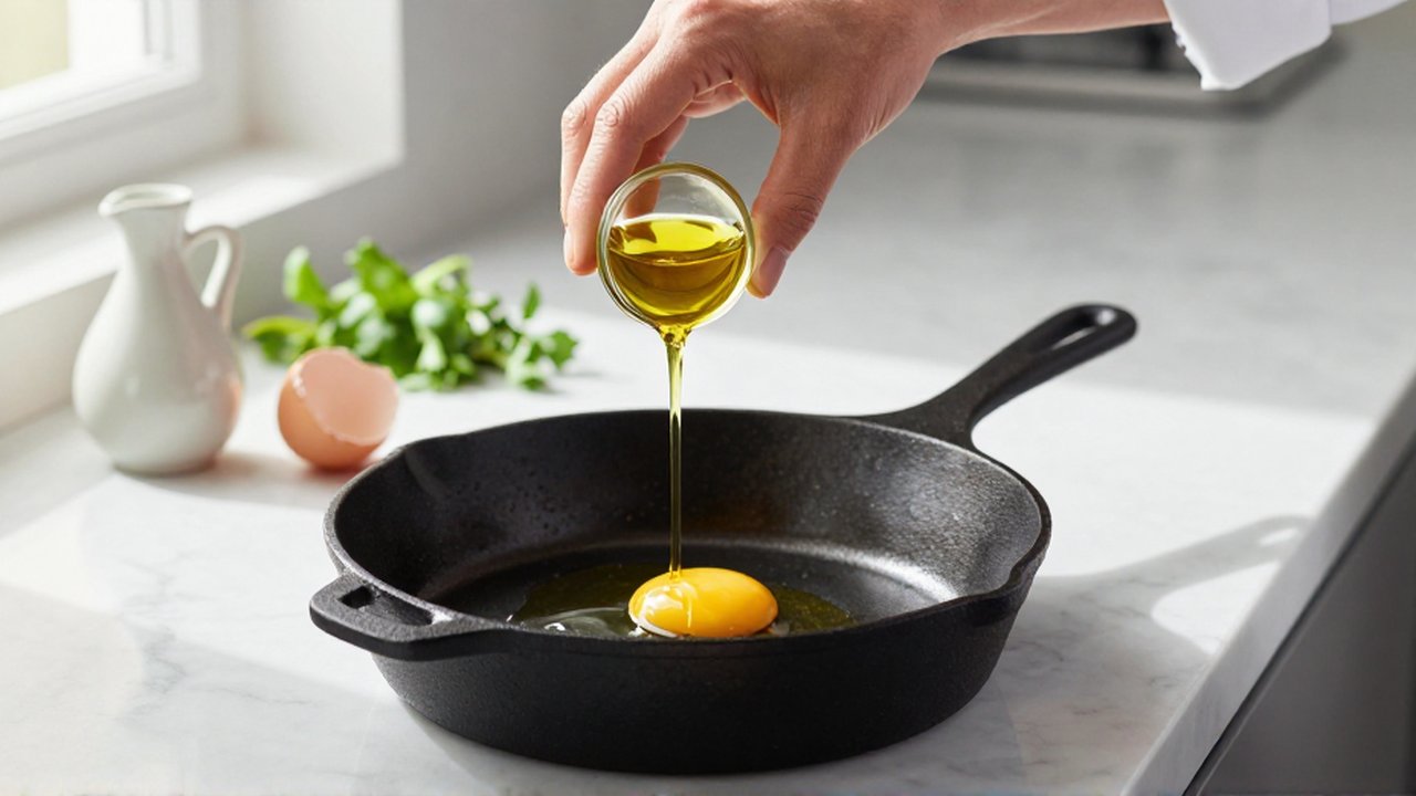 Un chef vierte aceite de oliva dorado en una sartén de hierro fundido sobre una encimera de mármol.