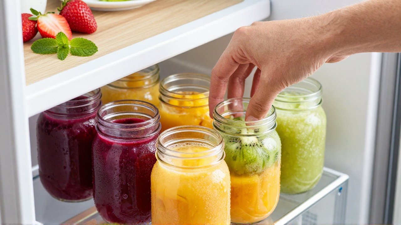 Una mano guarda frascos de vidrio con capas de jugos de frutas coloridos en un congelador.
