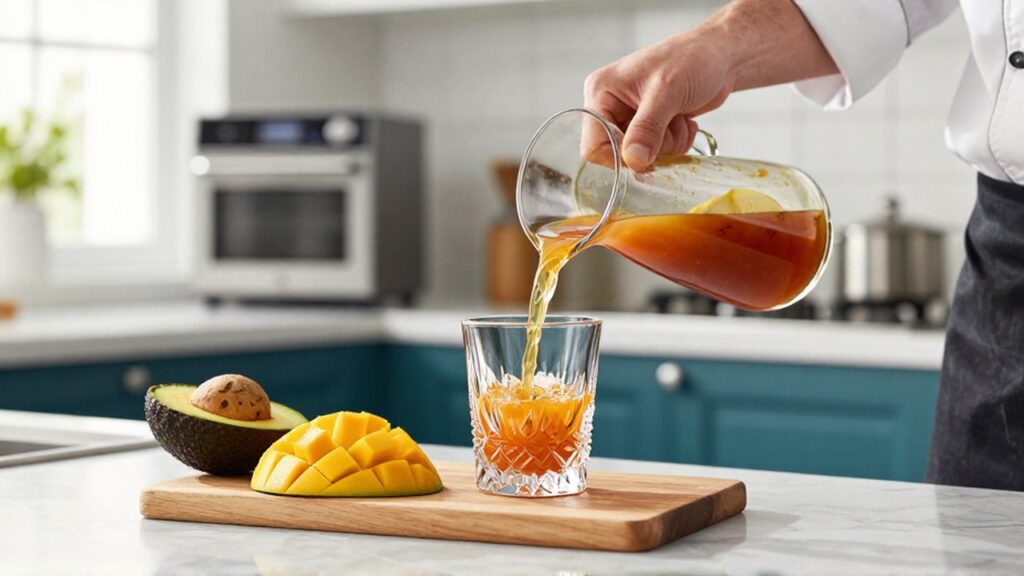 Un chef vierte un elixir de fruta oxidado en una cocina moderna tras procesar mango y aguacate maduros.