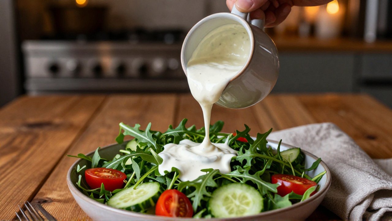 Una mano vierte abundante aderezo blanco y espeso sobre una ensalada fresca en una mesa rústica.