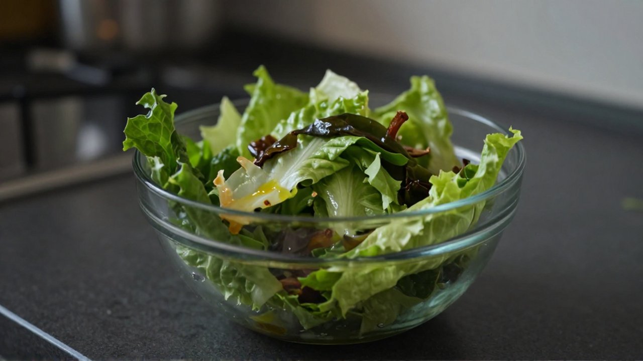 Ensalada marchita y con exceso de aderezo en un bol de cristal sobre una encimera oscura.