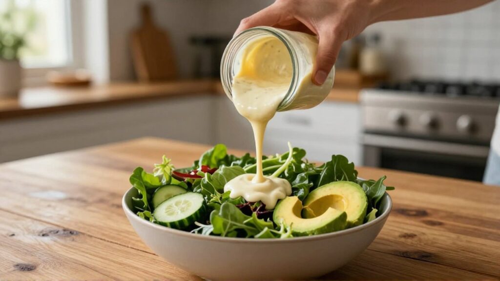Manos vertiendo exceso de aderezo cremoso sobre una ensalada de vegetales en una cocina iluminada.